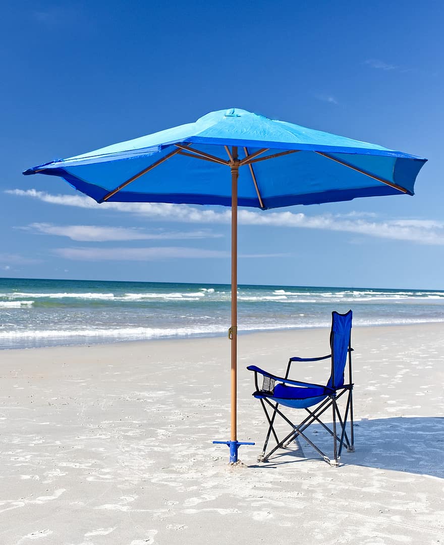 바닷가, 우산, 해변 의자, 모래, 연안, 육지, 해변, 바다, 대양, 파라다이스