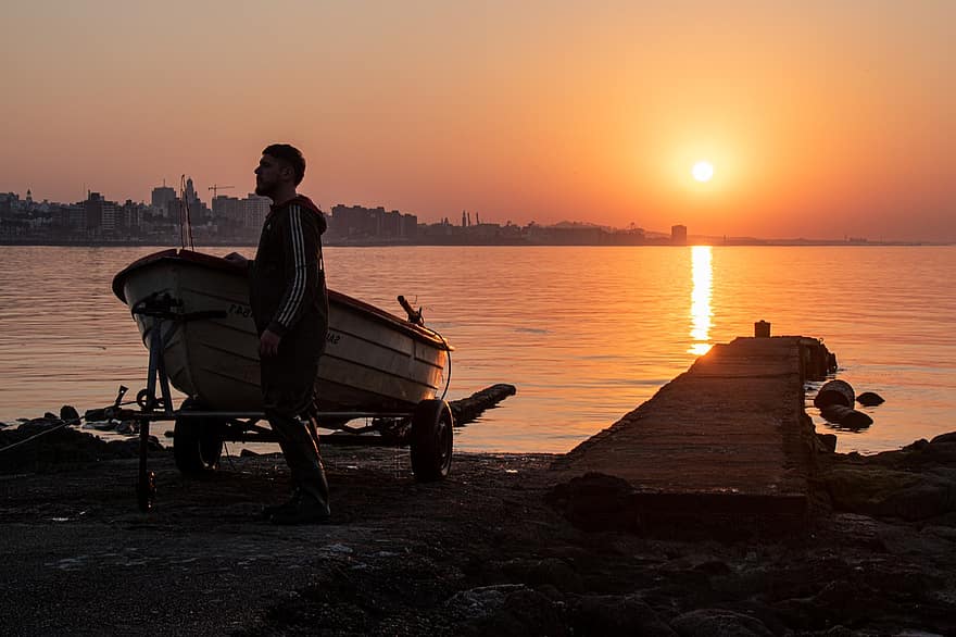 Sunset, Man, Boat, Silhouette, Landscape, Water