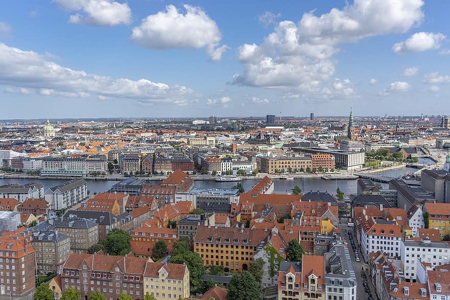 Dánia, Koppenhága, madártávlat, város, városkép