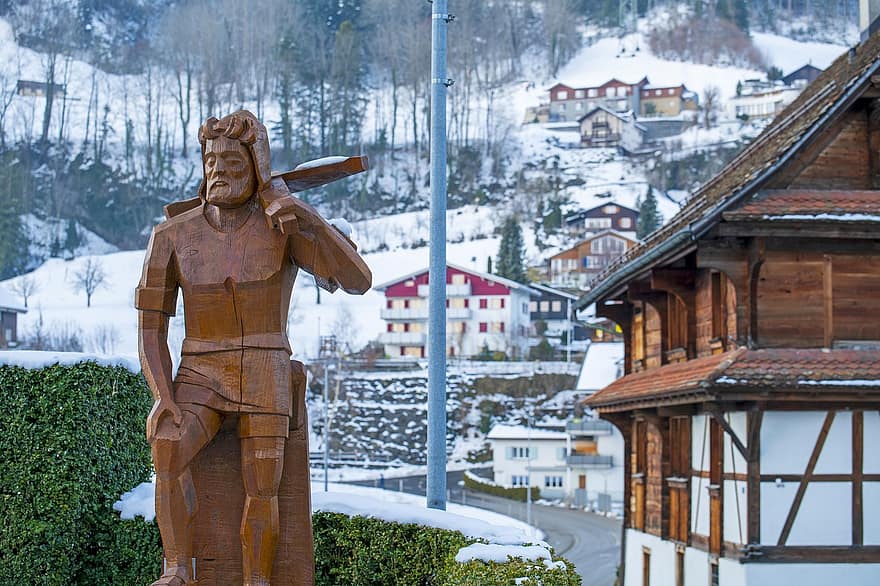 Zwitserland, houten beeld, winter, bergen, platteland, vallei, landschap, Morschach, dorp, sneeuw, culturen