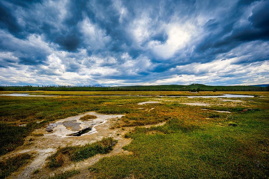 Yellowstone, thermique, paysage, vue, des nuages, plaines, herbe, été, nuage, ciel, bleu
