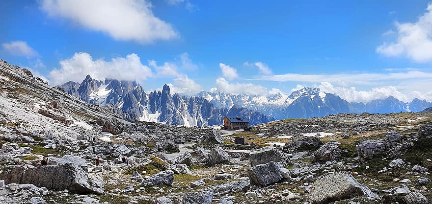 Mountains, Cabin, House, Rocks, Summit, Alpine, Dolomites, Panorama, View, National Park, Nature