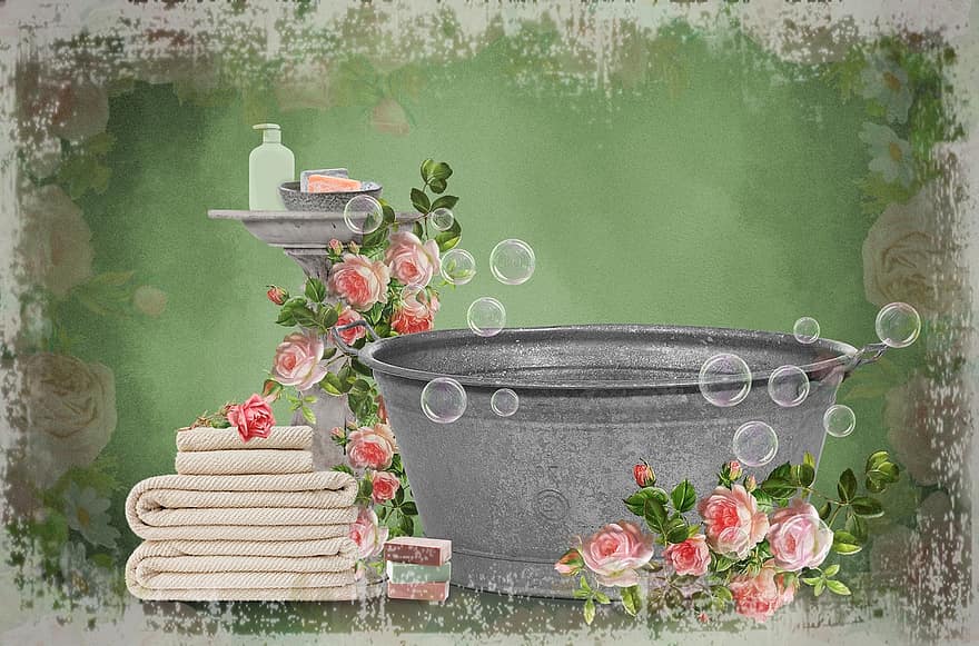 washbowl, chiuvetă, baie, digital, fundal, flori, trandafiri, Fotografie pentru sugari