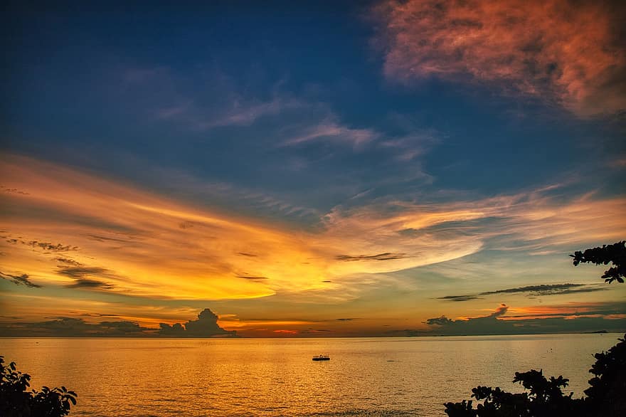 solnedgang, hav, skyer, horisont, utsikt, himmel, natur, vann, Seascape