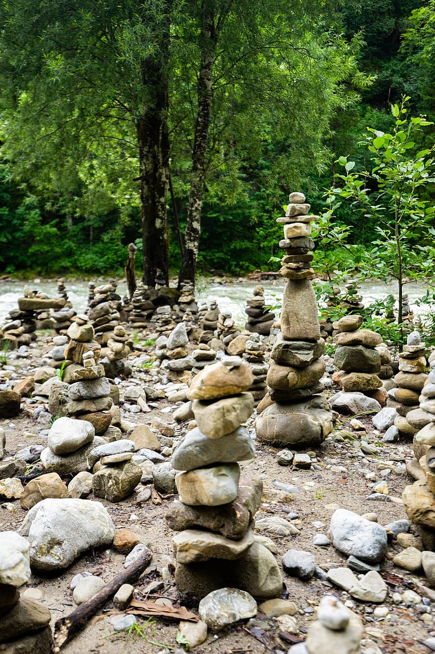 купчина от камъни, скали, гора, река, купчина, камъни, баланс, балансиране на скалите, каменни стекове