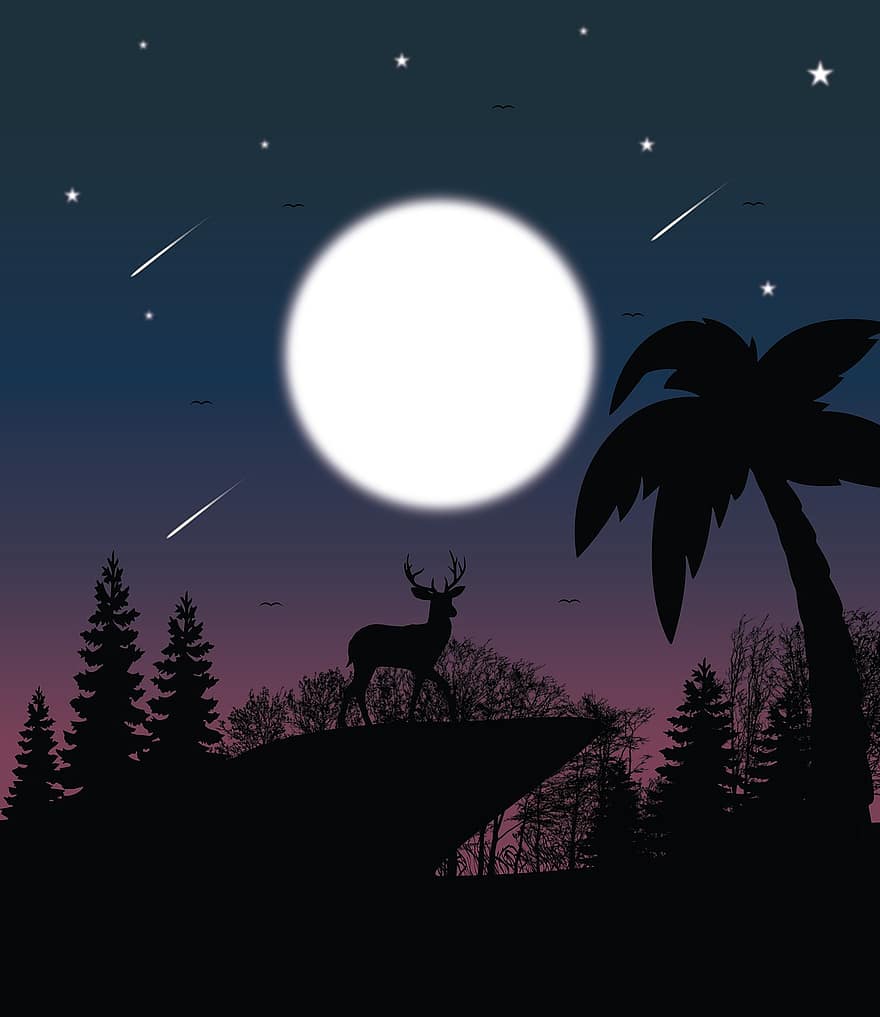 Deer, Cliff, Night, Silhouette, Forest, Trees, Moon, Moonlight, Full Moon, Shooting Stars, Comets