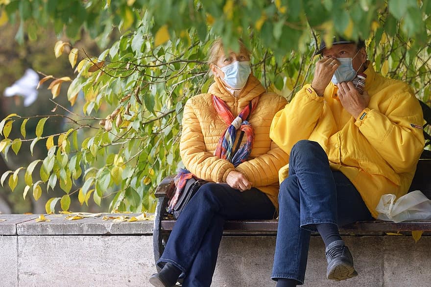 Elderly Couple, Park, Pandemic, Face Masks, Autumn, Park Bench
