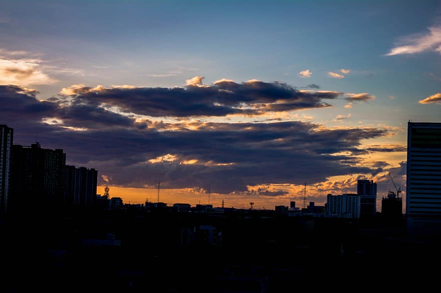 tramonto, città, silhouette, Alba, crepuscolo, alba, edifici, grattacieli, orizzonte, bellissimo, nuvole