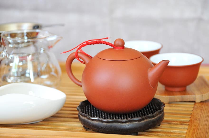 شاي ، ابريق الشاي ، إعداد الجدول ، التقليد ، فيتنام ، كوب ، يشرب ، قريب ، خشب ، الأواني الفخارية ، الفخار