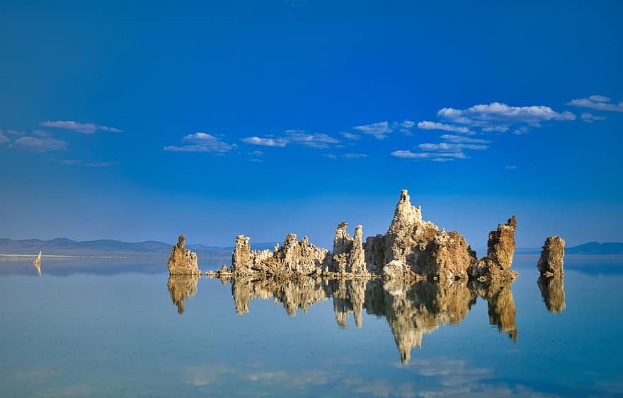 rotsen, meer, duidelijk, reflectie, mirroring, spiegelbeeld, blauwe lucht, landschap