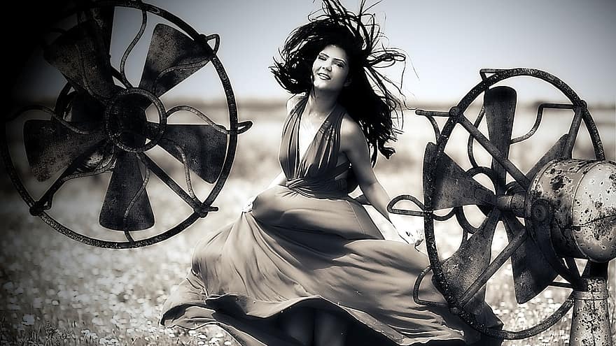 nainen, tuuli, hiukset, muotoilu, tuuletin, luonto
