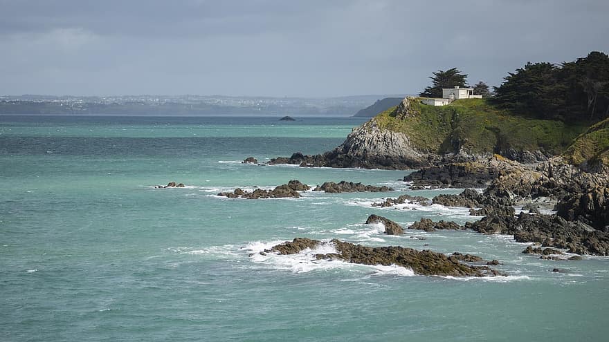 oldal, óceán, villa, Brittany, sziklák