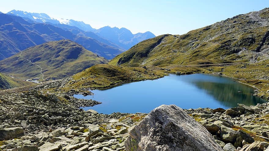 lago, montanhas, cadeia de montanhas, montanhoso, Bergsee, espelhamento, panorama, rochas, pedras
