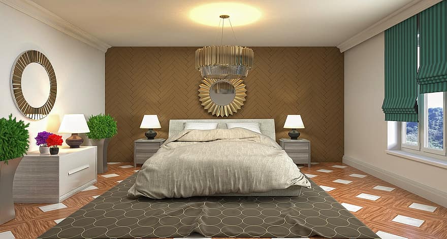 Camera da letto, interior design, Rendering 3D, camera, interno della stanza, interno della camera da letto, camera da letto principale, decorazione, arredamento, mobilia, elegante