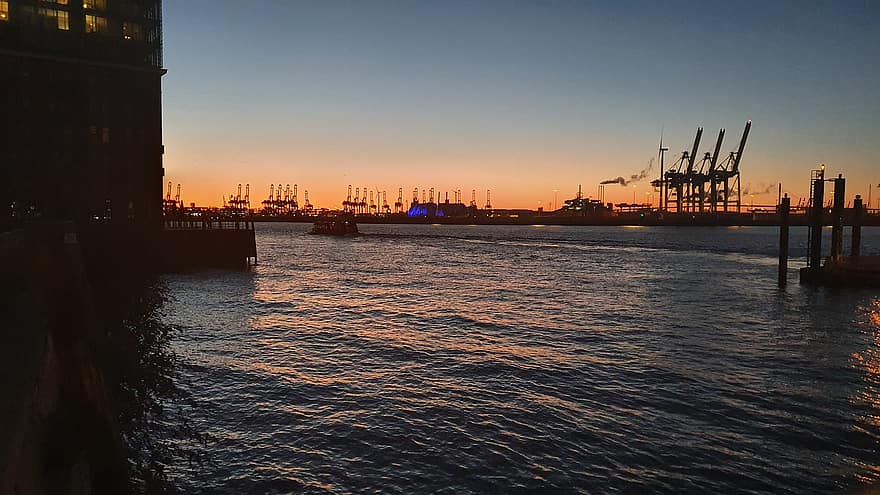 auringonlasku, vesi, meri, Hamburg, portti, hamburgin satama, laiva, hämärä, iltahämärä, iltarusko, merenkulun satama