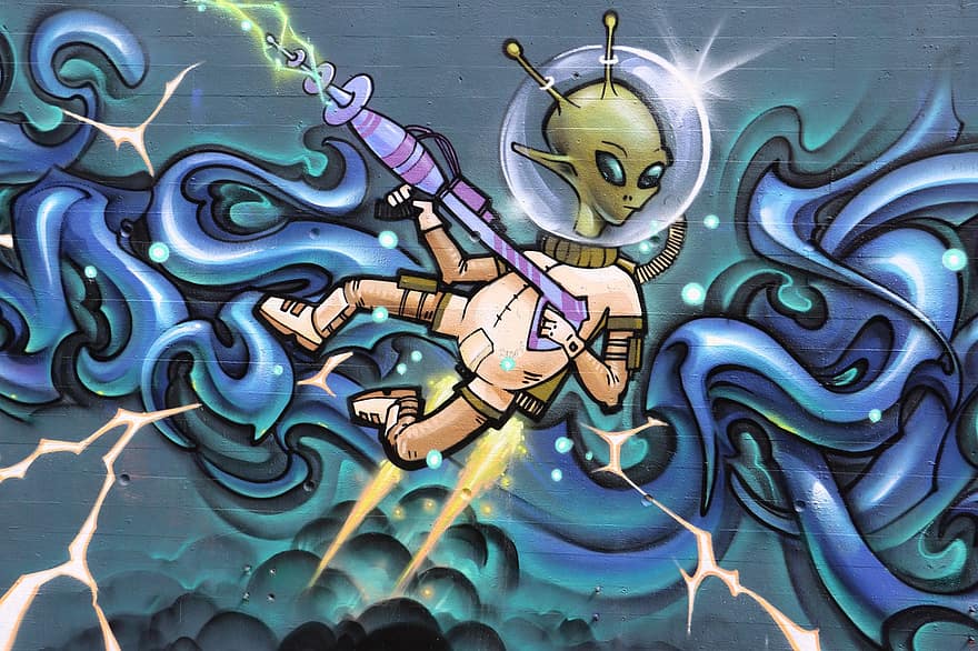 graffiti, art, art de carrer, urbà, paret, mural, extraterrestres, alienígena, futur, espai, cosmos