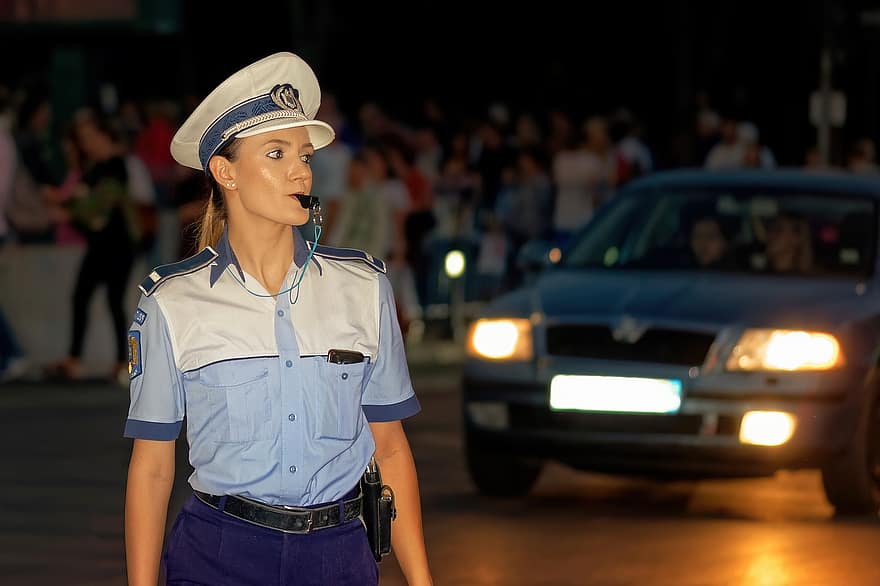 Traffic Officer, Policewoman, Road, Intersection, Whistle, Uniform, Traffic Police, Traffic Control, Street, Night