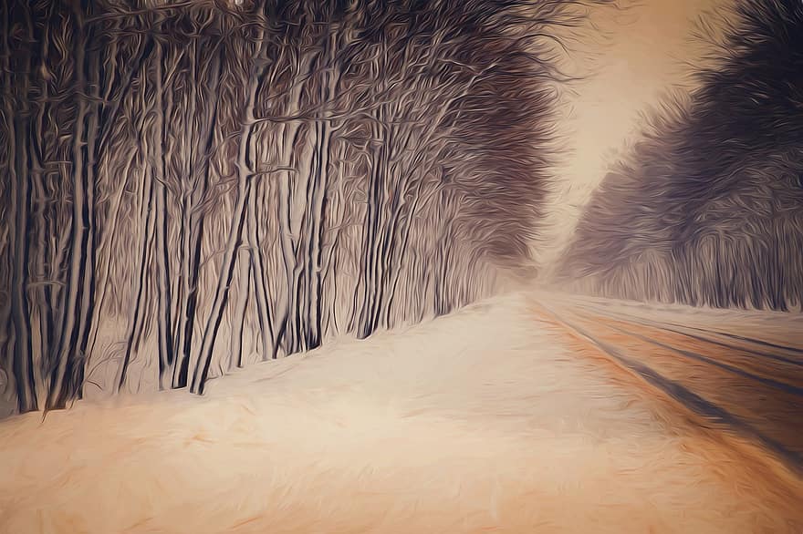 Droga, drzewa, ścieżka, Natura, zimowy, śnieg
