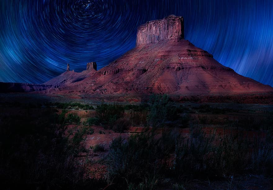 moab, utah, jejak bintang, malam, butte, mesa, lukisan cahaya, pemandangan, lembah monumen, batu pasir, gunung