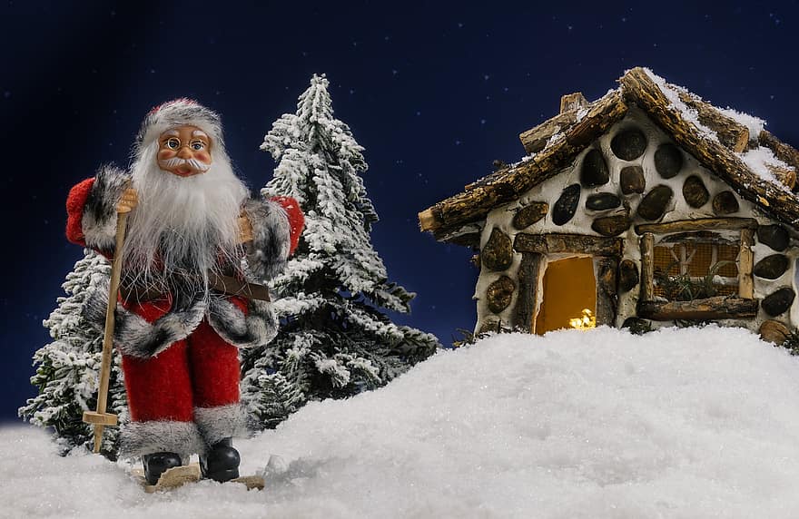 sfondo, Babbo Natale, la neve, motivo natalizio, Biglietto natalizio, capanna, Casa, notte, inverno, celebrazione, stagione