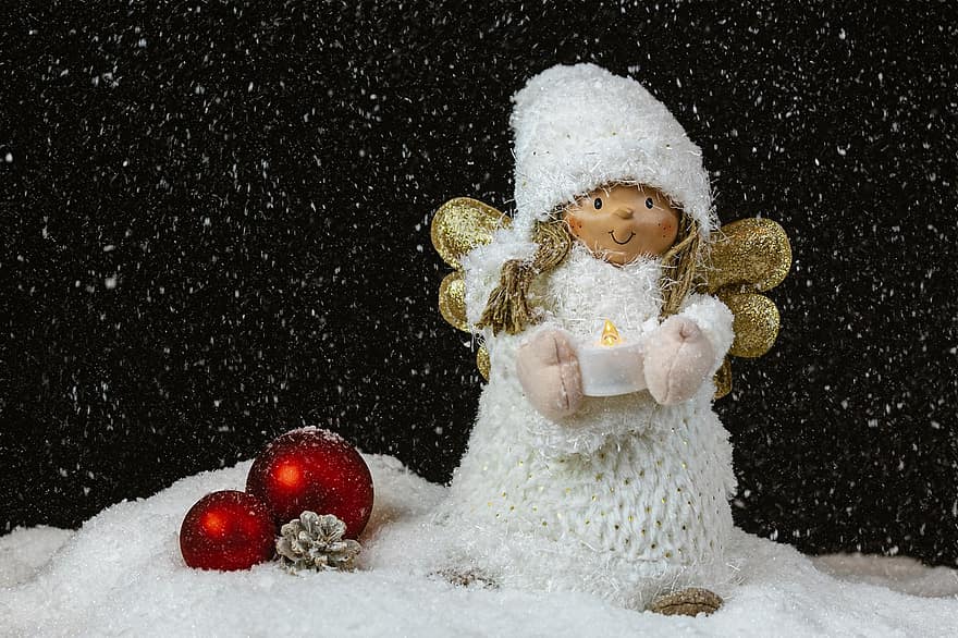 kerst engel, kerst motief, kerstkaart, kerstballen, sneeuw, sneeuwval