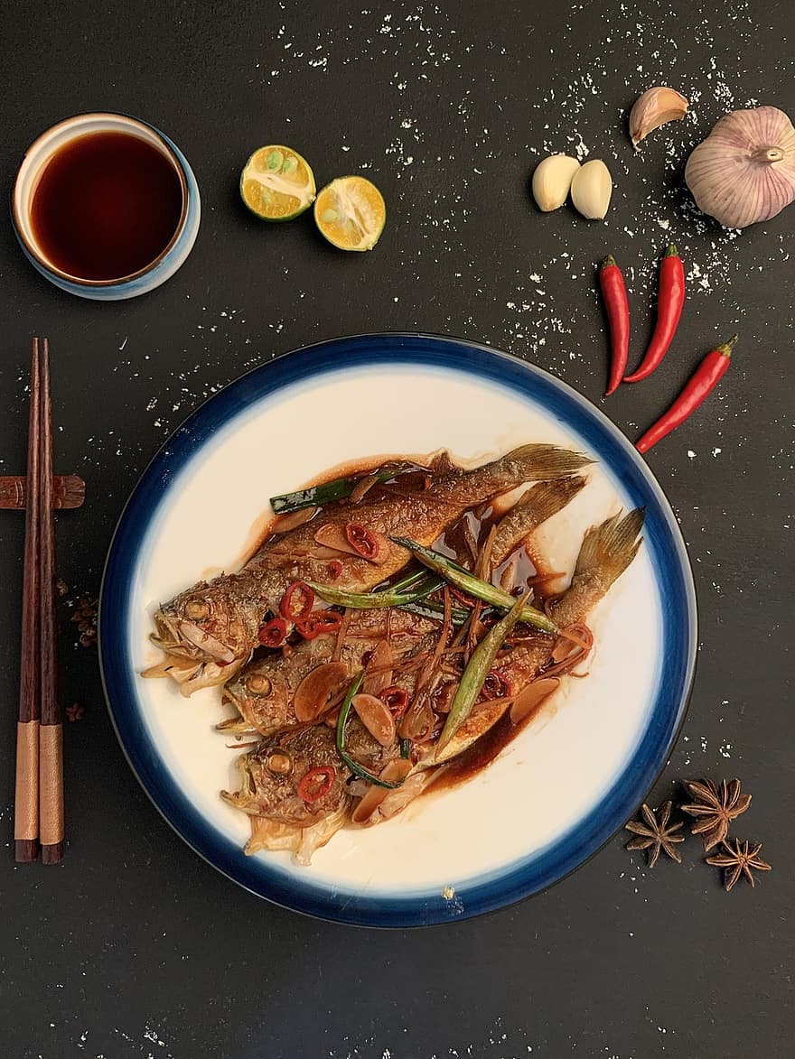 peixe, prato, Comida, comida cozida, frutos do mar, saboroso, cozinha asiática, fotografia de alimentos, colocação plana