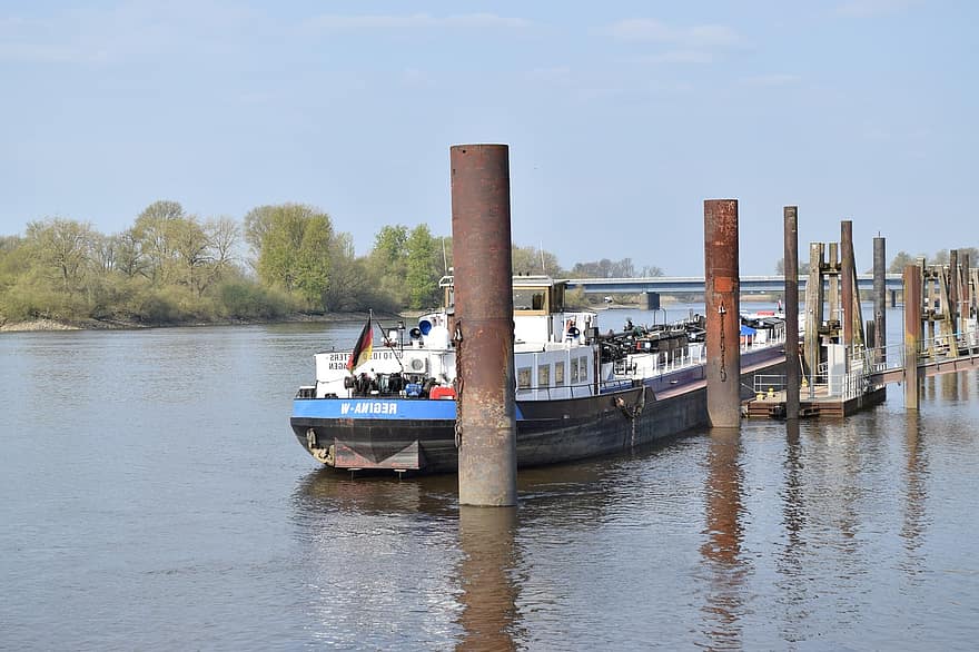 boot, reizen, rivier-, vaartuig, Elbe, Hamburg, Wilhelmsburg, stroom, water, rivieroever, nautisch schip