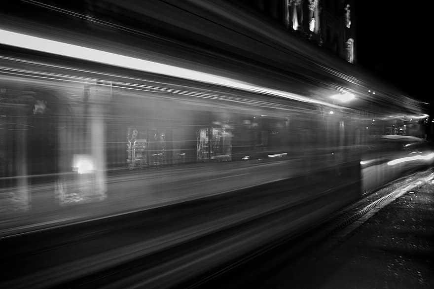레일, 지하철, 기차, 검정색과 흰색, 흐린 동작, 속도, 교통, 운동, 차, 도시의 삶, 밤