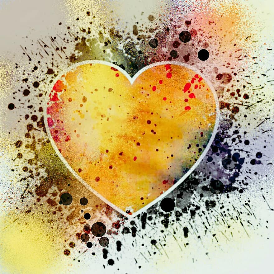 fondo abstracto, papel tapiz abstracto, corazón, amarillo, fondo artístico, salpicadura de pintura, salpicaduras, romántico, elegante, amor, afecto