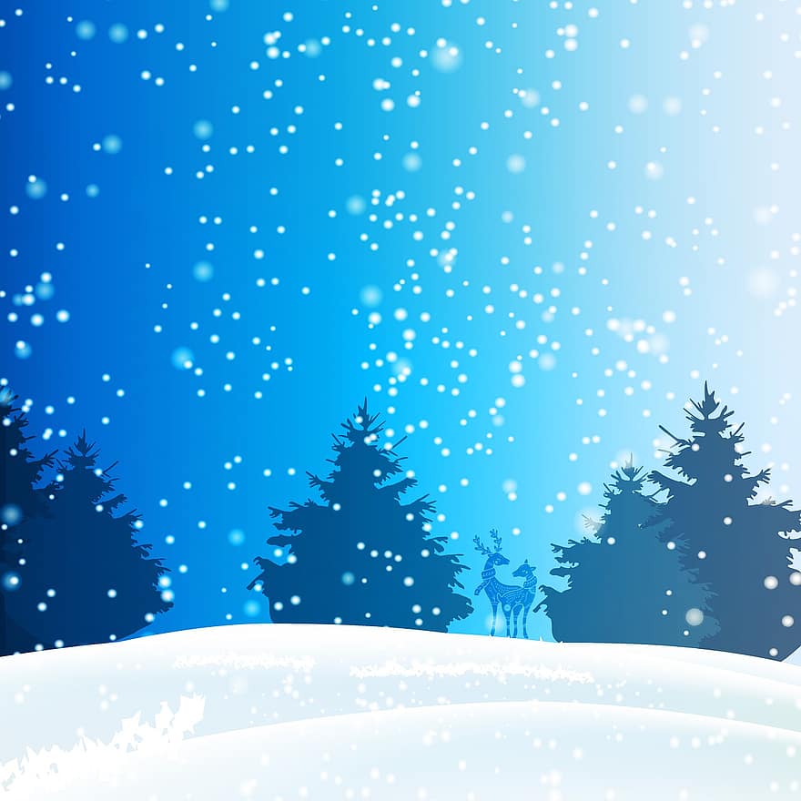 karácsonyi téli háttér, hó, fák, szarvas, párosít, szeretet, hópelyhek, ünnep, fagy, hideg, kék