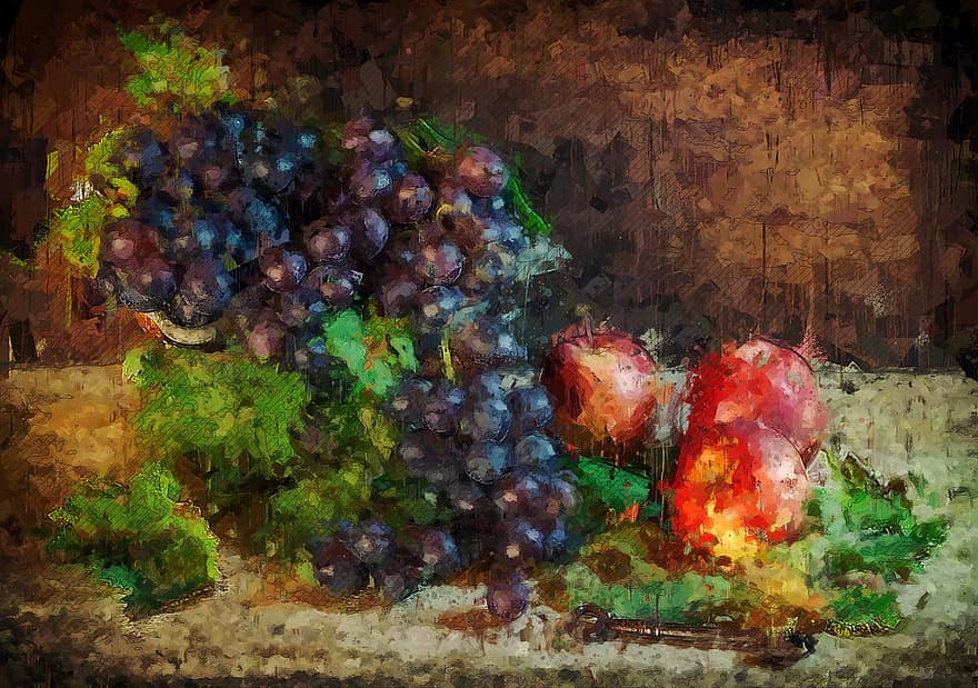 натюрморт, плодове, бръшлян, ябълки, грозде, украса, цифрова манипулация