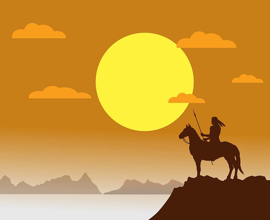 заход солнца, солнце, силуэт, горы, лошадь, воин, Индейский воин, озеро, лагуна, воды