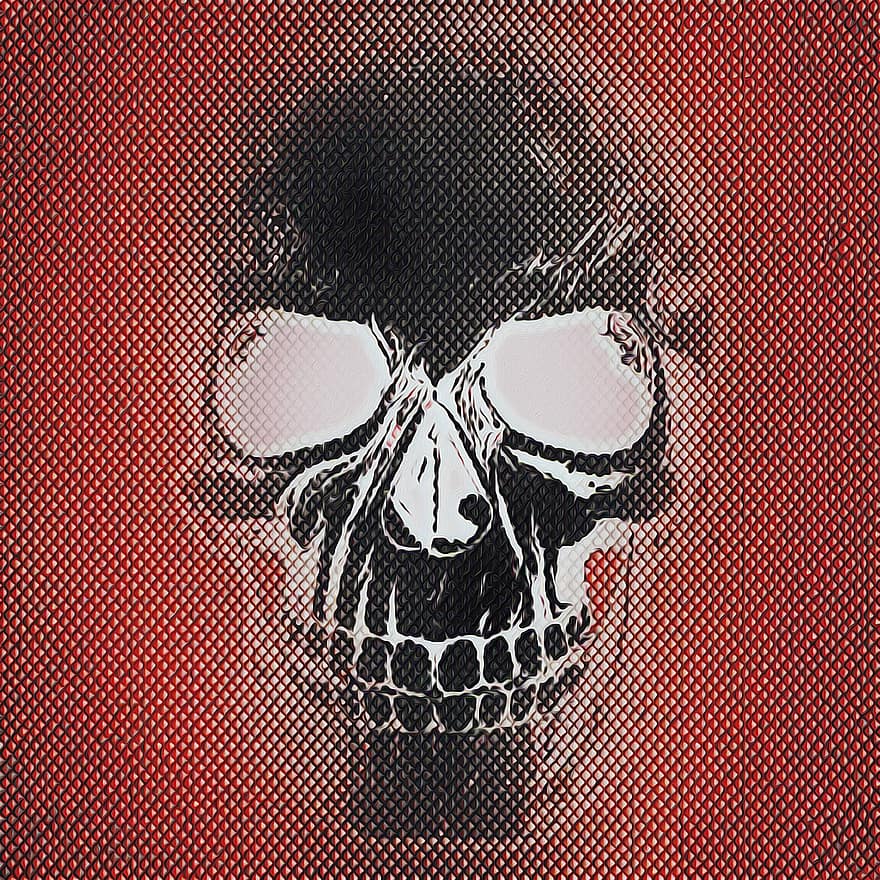 cráneo, arte pop, rojo, negro, escalofriante, horripilante, de miedo, fantasía, muerte, ilustración, cráneo humano