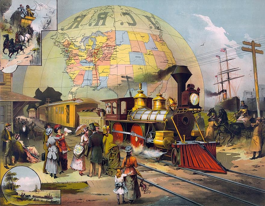 comboio a vapor, trem, Ferrovia, estação, Illinois Central Railroad, passageiros, Viagem Viagem, Viajantes, conceito, mundo, globo