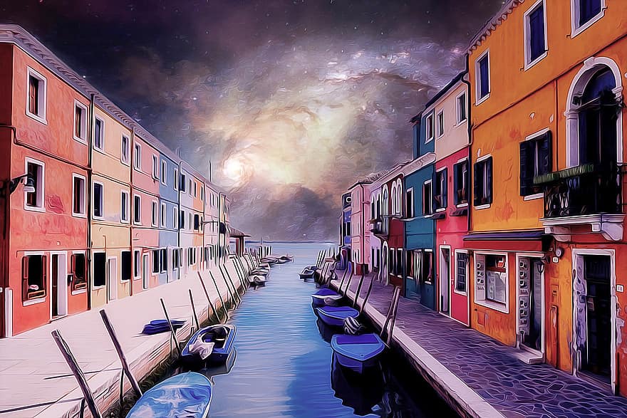 канал, лодки, сгради, цветен, нощ, сцена, град, архитектура, Венеция, вечер, млечен път
