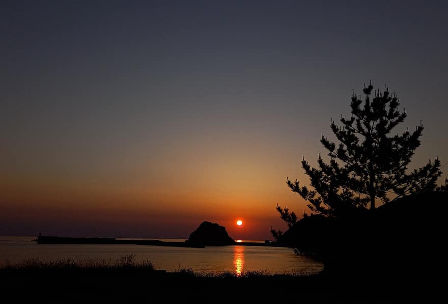 solnedgang, innsjø, kyoto, horisont, kveld, skumring, japan, silhouette, soloppgang, sollys, sol