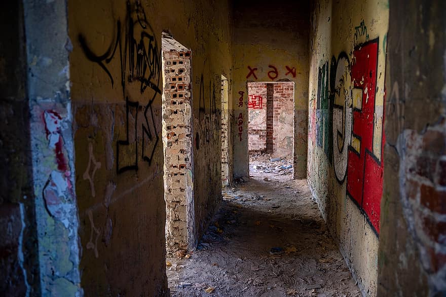 abandonat, clădire, graffiti, dărăpănat, ruine, resturi, perete, arhitectură