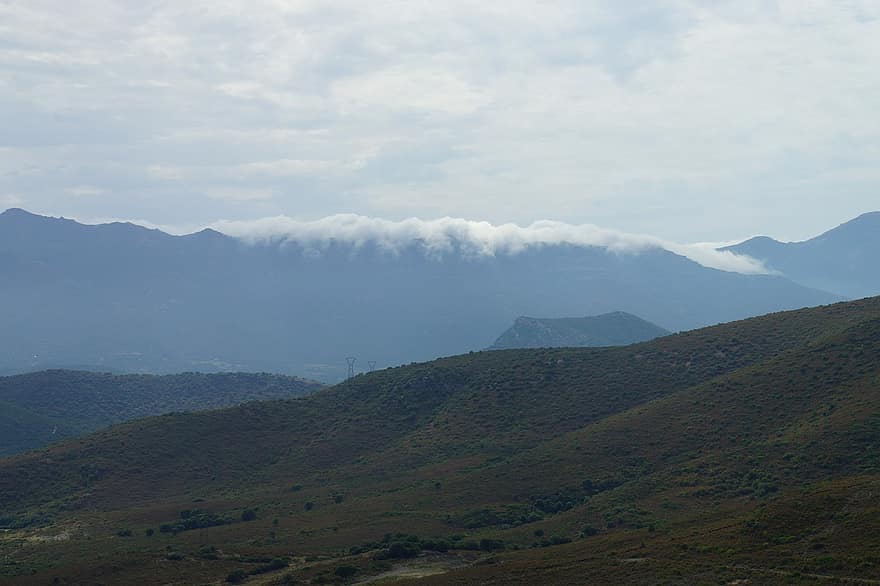 βουνά, τοπίο, σύννεφα, ουρανός, Κορσική, ομίχλη, φύση