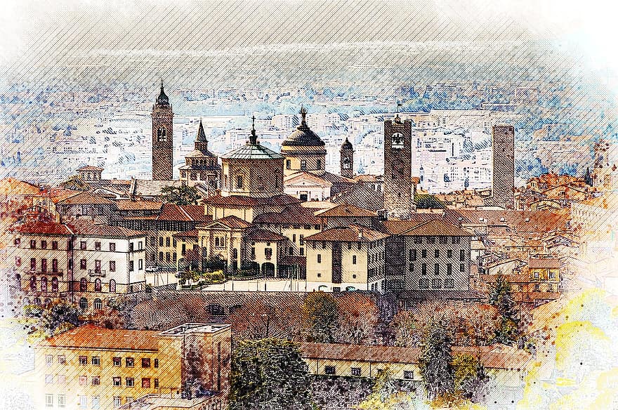 Citta Alta в Бергамо, Альта, древній, архітектура, бергамо, міський пейзаж, кольоровий олівець, Малювання кольоровим олівцем, Європа, зовнішній, Спадщина