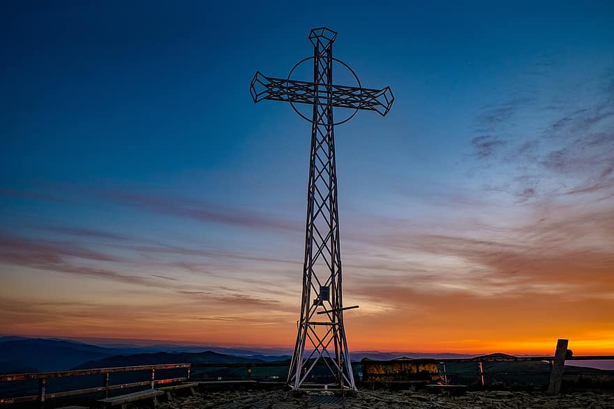 Cruz, Tarnica Cross, topo da montanha, cruz de metal, pico, por do sol, ponto de referência, destino, Tarnica, bieszczady