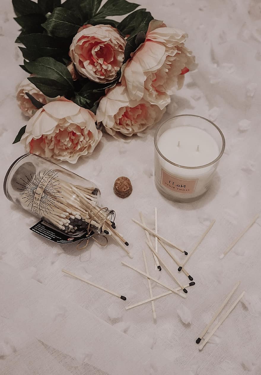 Flowers, Candle, Peonies, Aesthetic, Blossom, White, Texture