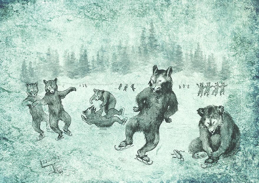 zabytkowe, Niedźwiedź, łyżwy, antyczny, stary, uroczy, Słodkie, łyżwiarstwo, zabawa, zimowy, niedźwiedzie
