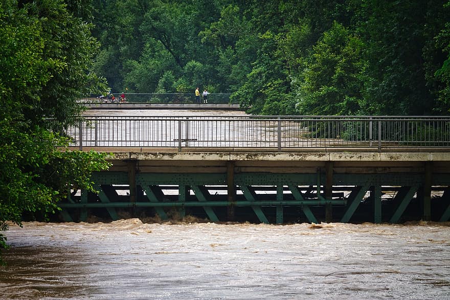 flod, bro, översvämning, vatten