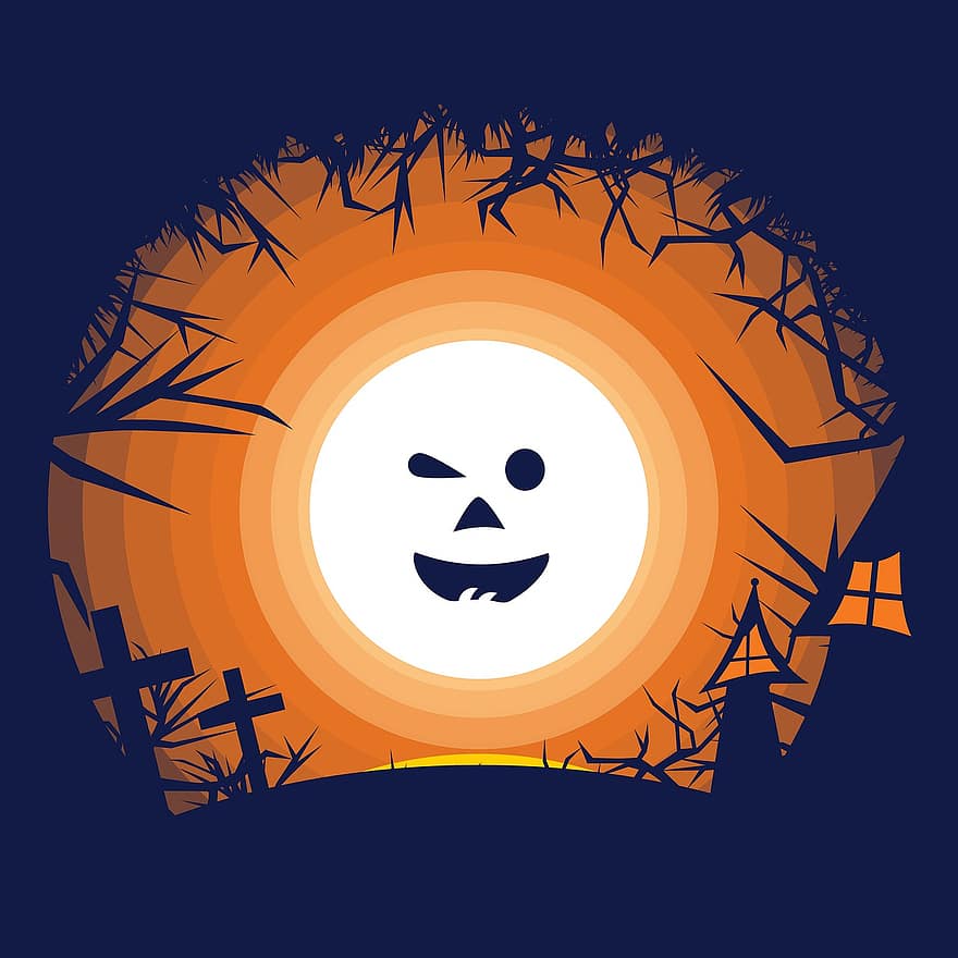 Pumpkin Face, Smile, Expression, Cross, Happy Halloween, October 31, Structure Silhouette, Jungle Mystery, Forest Grass, Dark Night, Midnight Blue