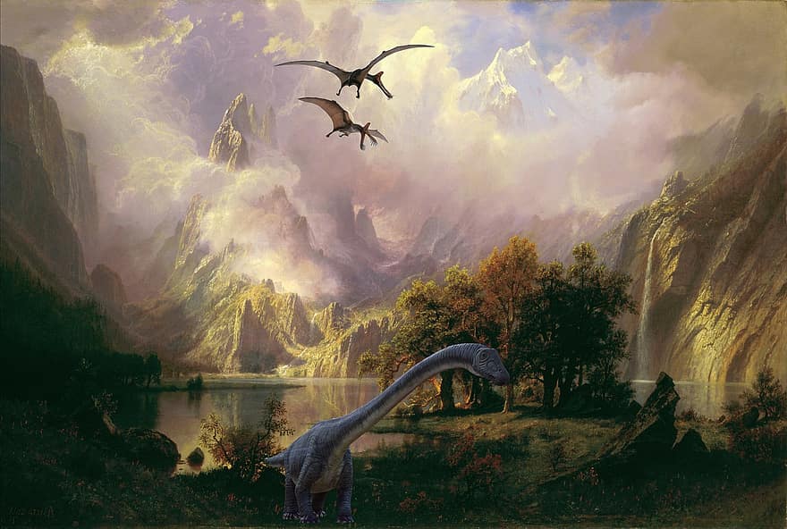 Hintergrund, künstlerisch, Berge, Tal, Dinosaurier, Fantasie, digitale Kunst, Illustration, Reptil, fliegend, Tiere in freier Wildbahn