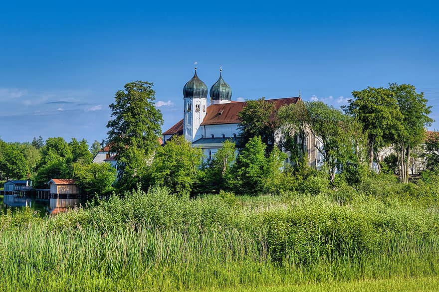 vienuolynas, ežeras, vienuolynas Seeon, benediktinų vienuolynas, viršutinė bavarija, chiemgau, atostogos, laisvalaikis, atsigavimas, lankytinos vietos