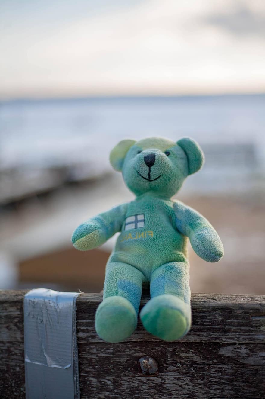 urso Teddy, brinquedo, Finlândia, bandeira, brinquedo de pelúcia, Urso de pelúcia verde, ao ar livre, fofa, madeira, infância, origens