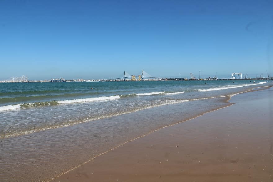 pelabuhan santa maria, pantai, Pantai Levante, jembatan, jembatan konstitusi, cadiz, laut, Spanyol, andalusia, costa, pemandangan