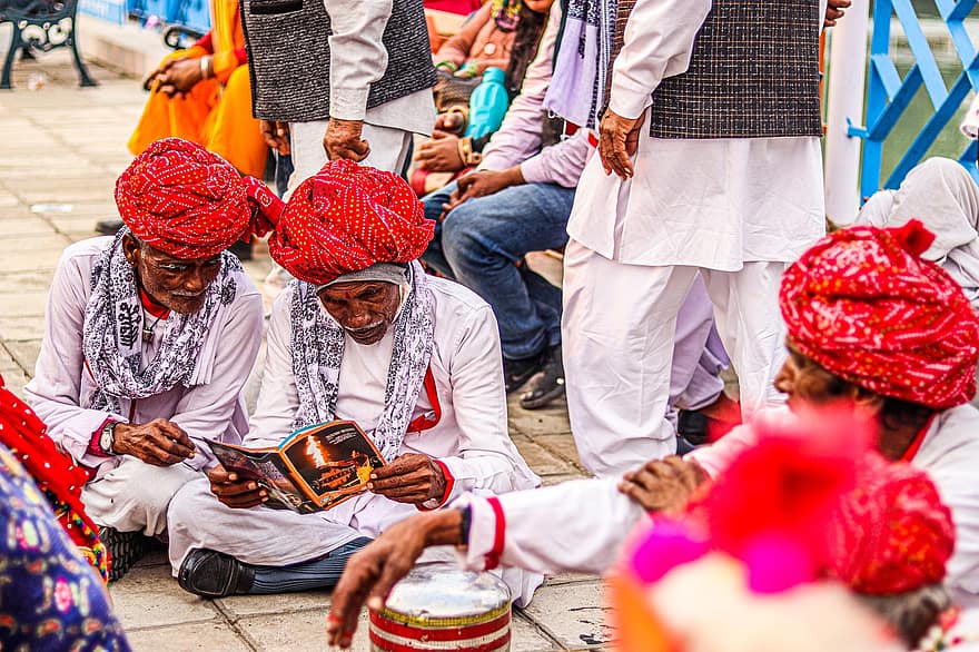 kvinnor, män, grupp, kostymer, traditionell, indien, kultur, indisk kultur, kulturer, inhemsk kultur, turban