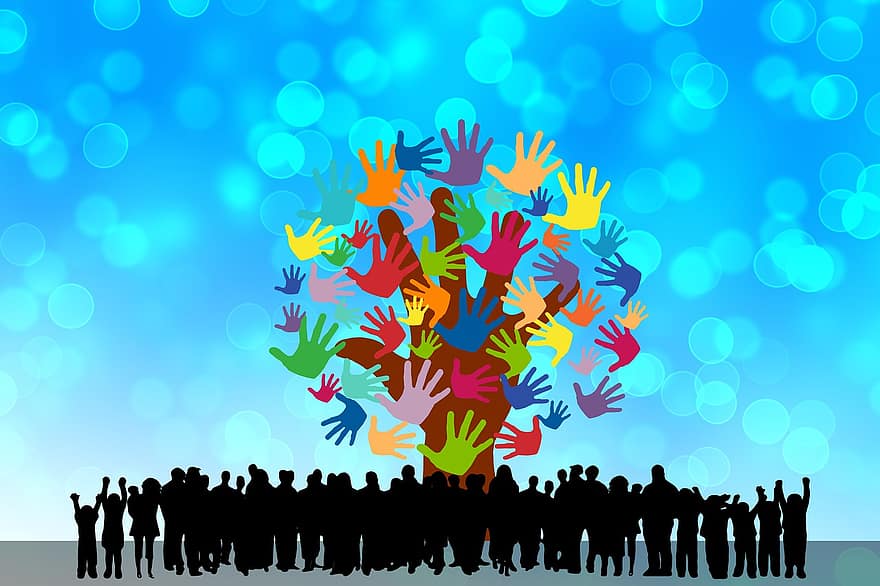 handen, gemeenschap, verscheidenheid, concept, groep, helpen, hoop, silhouet, sociaal, team, samenspel